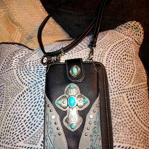 American Eagle Shoulder Purse/ With phone case. It has a turquoise cross on it.
